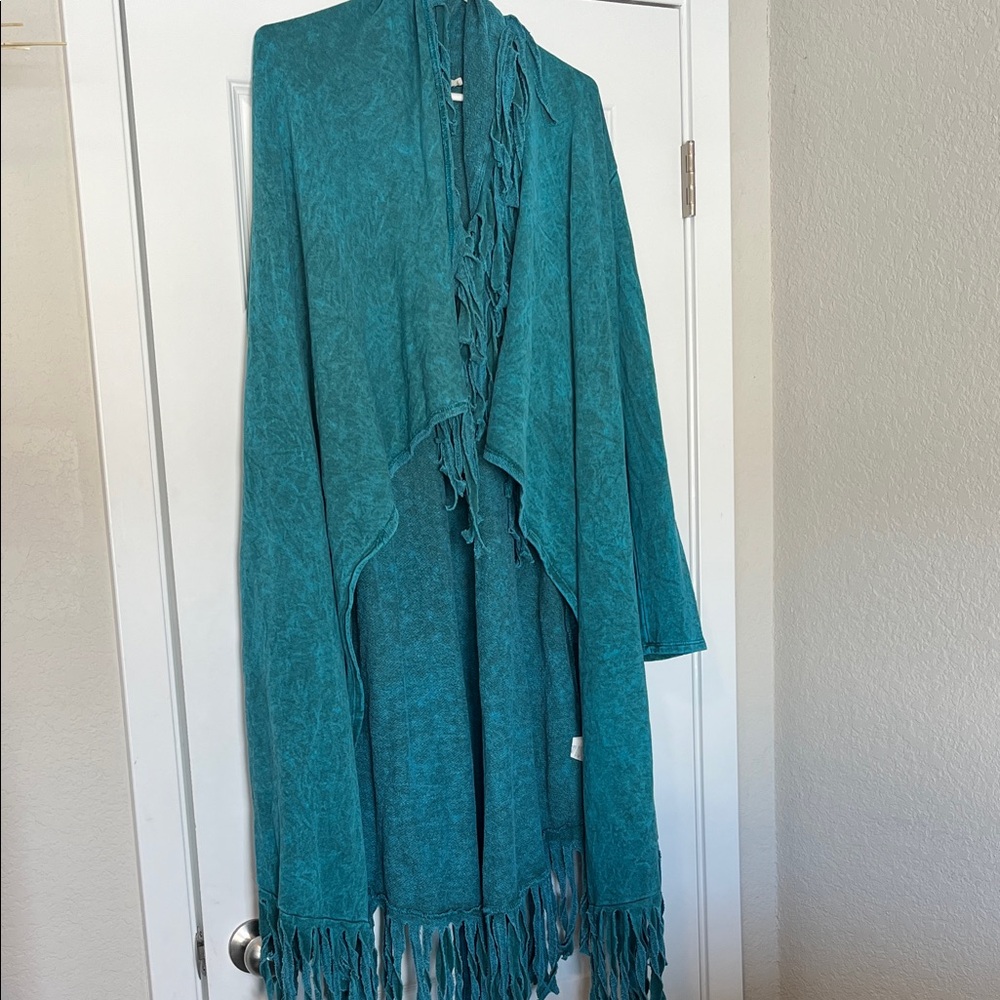 Teal fringe cardigan